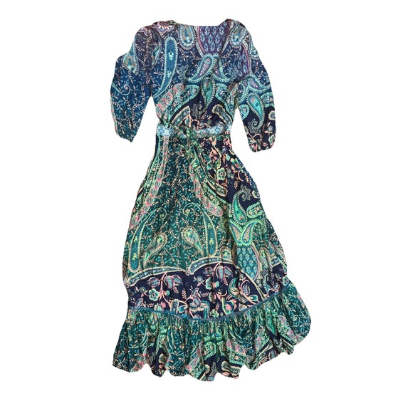 Farm Rio Anthropologie Blue Green Boho Paisley Wrap Ruffle Size XS Midi Dress - Picture 5 of 7